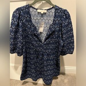Loft Floral Puff Sleeve Tie Neck Top, Size M, New with tags